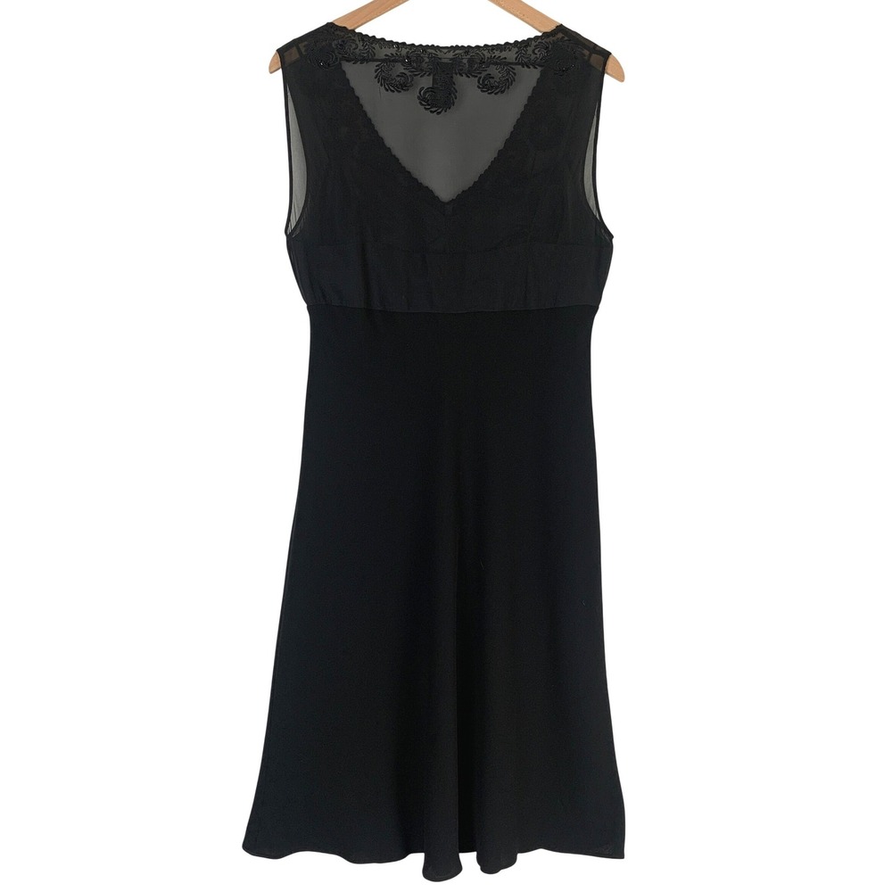 Jones New York Silk Bodice Beaded Mesh Sleeveless Midi Dress Sz 14 Black LBD